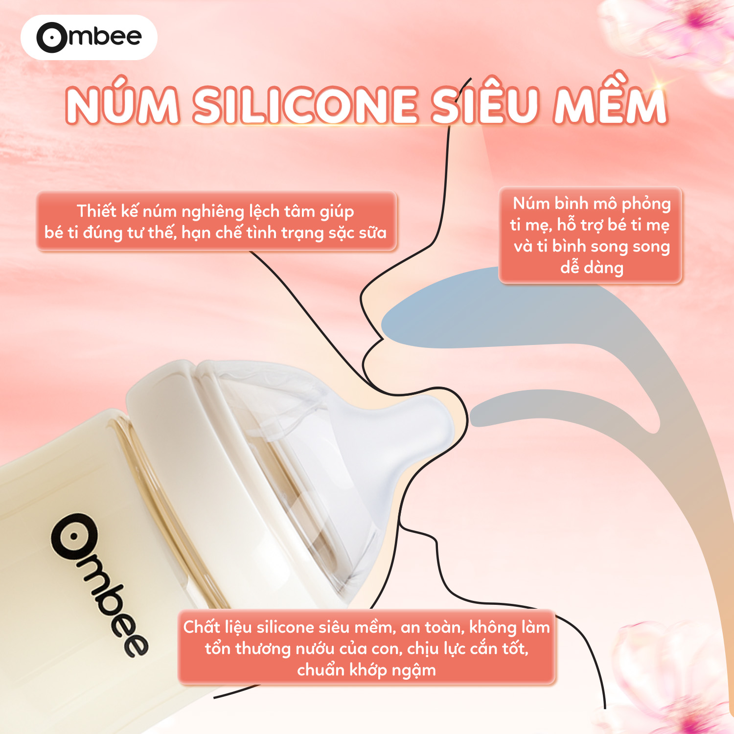 Một mẫu núm ti mềm, mô phỏng giống ti mẹ sẽ giúp bé không bị lạ với việc ti bình