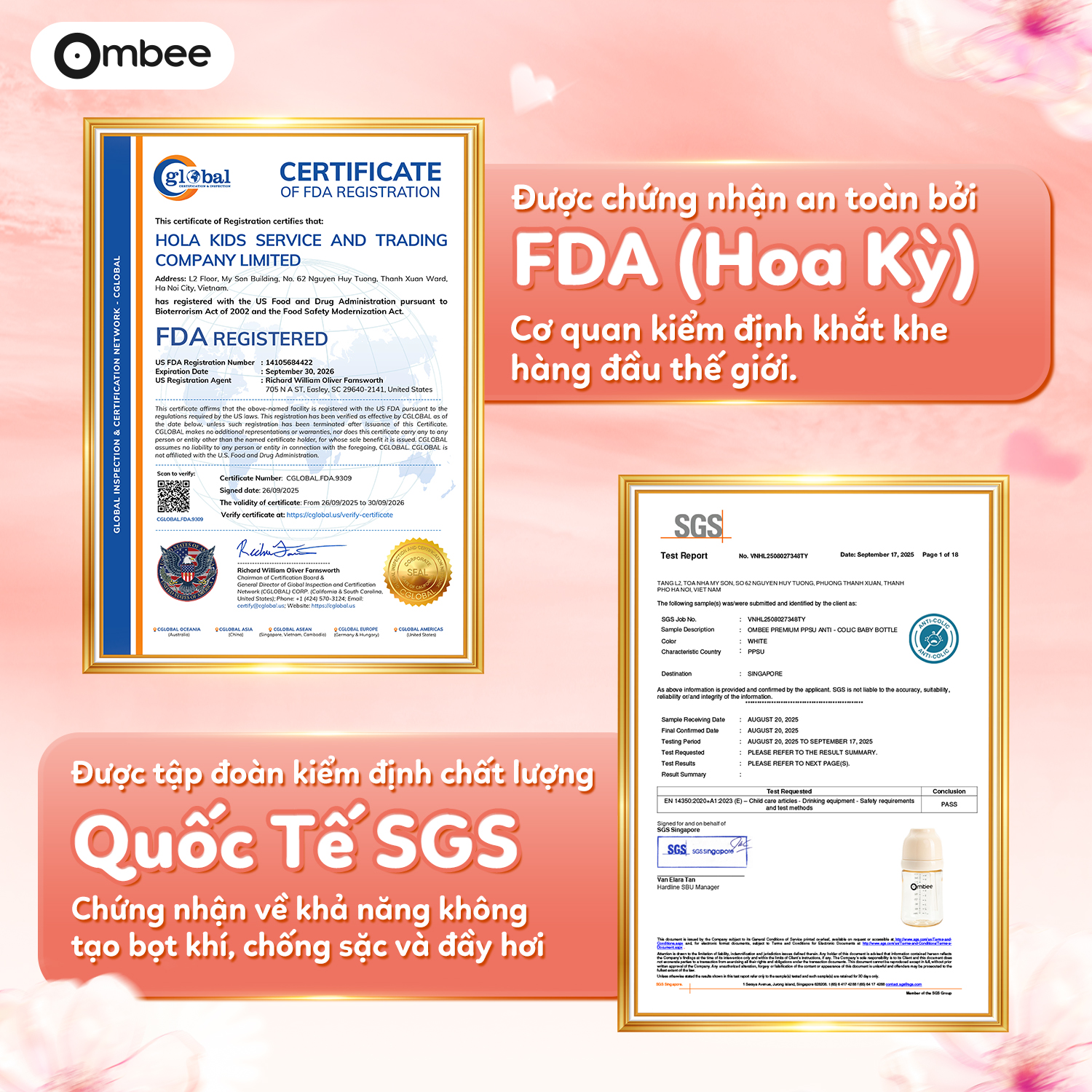 Bình sữa Ombee tự hào đạt chứng nhận SGS quốc tế – minh chứng cho chất lượng và độ an toàn tuyệt đối dành cho trẻ nhỏ.