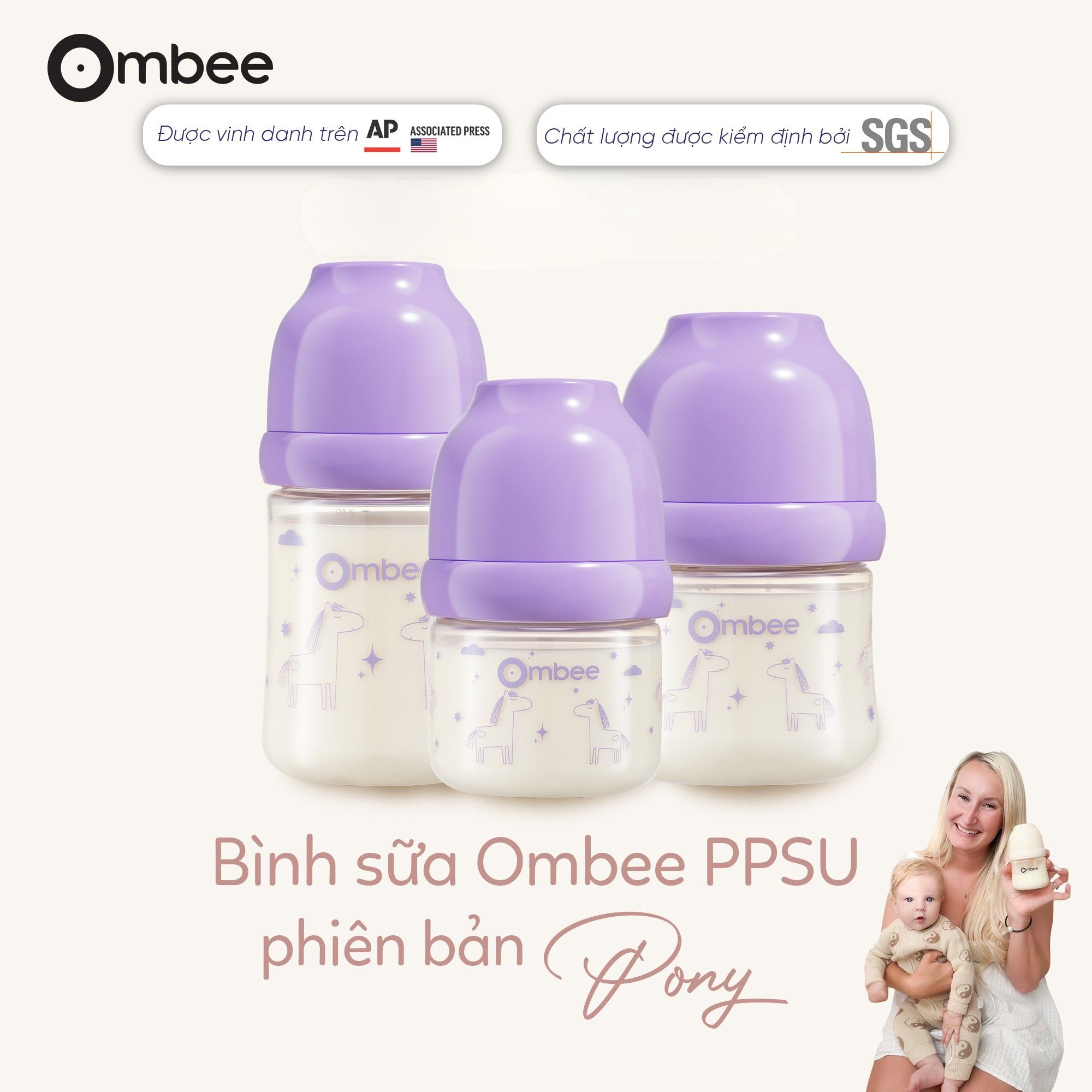 Bình sữa Ombee PPSU Anti-colic phiên bản Pony tím