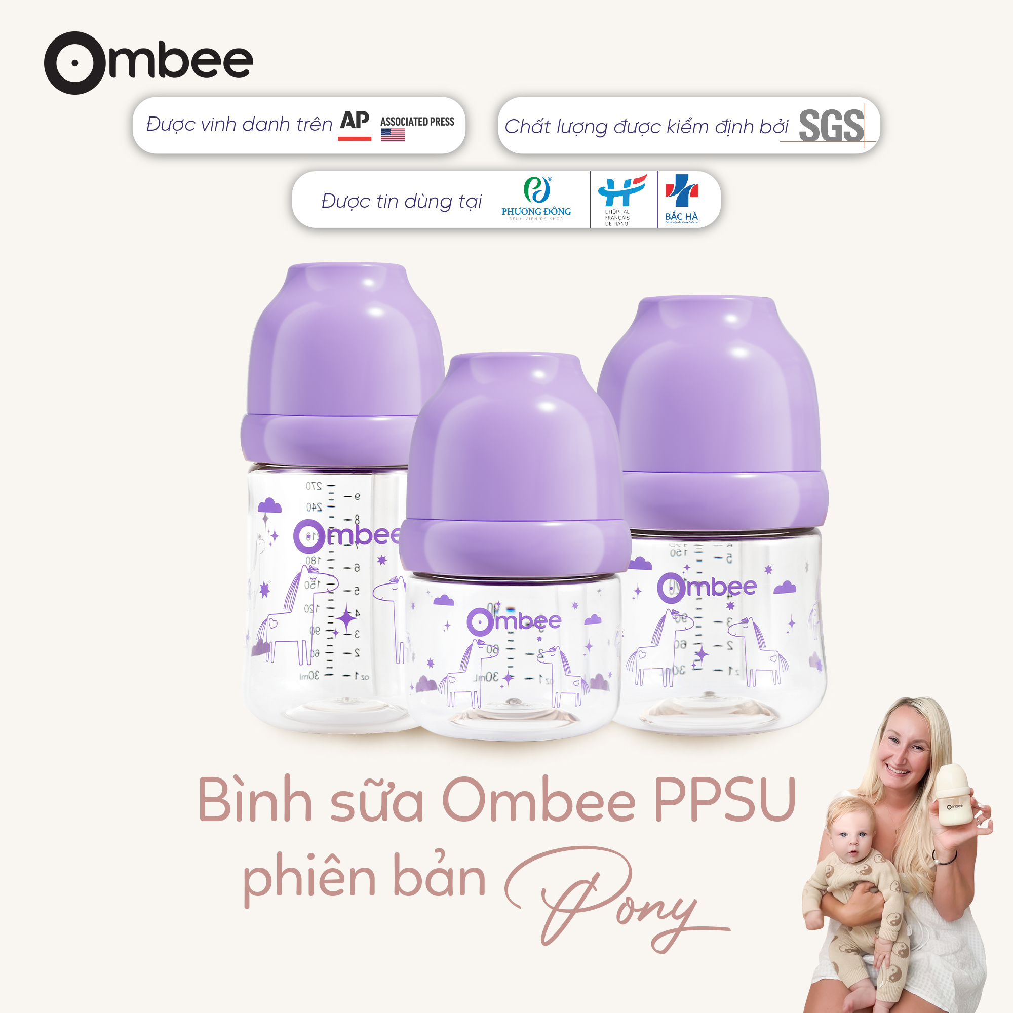 Bình sữa Ombee PPSU Anti-colic phiên bản Pony tím