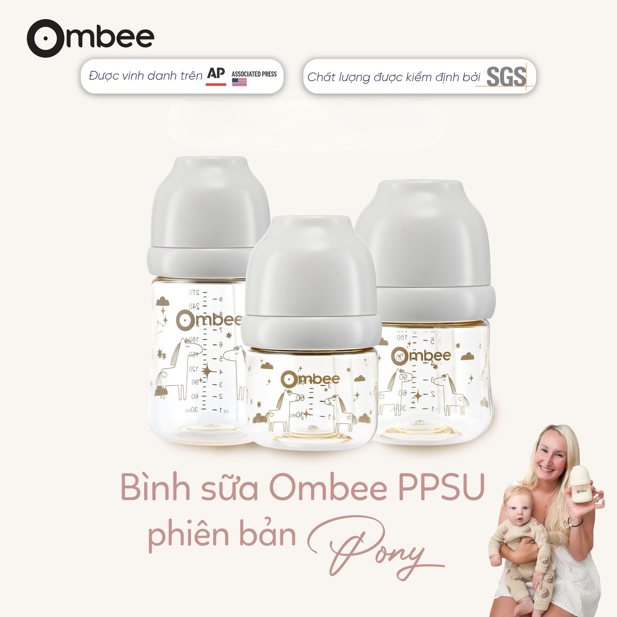 Bình sữa Ombee PPSU Anti-colic phiên bản Pony xám